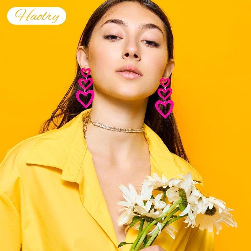 HOLYRY Neon Heart Earrings for Women Acrylic Neon Earrings 80s 90s Outfit for Women Glow Party Accessories Gifts Hot Pink Orange Green Yellow - Image 4
